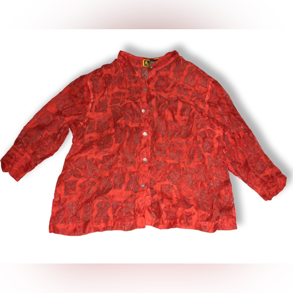 Mirasol Burnt Orange Retro Abstract Floral Pattern Sheer Button Up Blouse